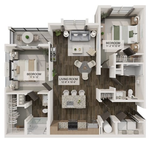 Floor plan for 2 beds, 2 baths, 1087 sqft